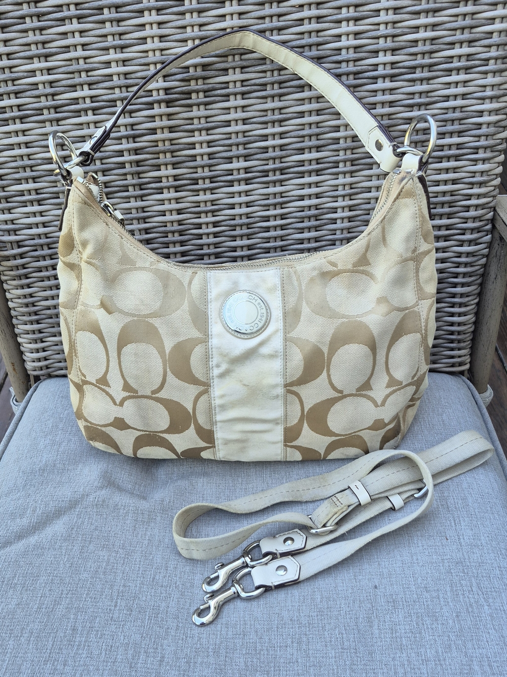 Coach F19281 Signature Jacquard Convertible Shoulder Crossbody Bag Beige